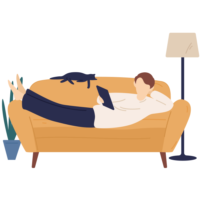 Illustration of person laying on sofa looking at tablet