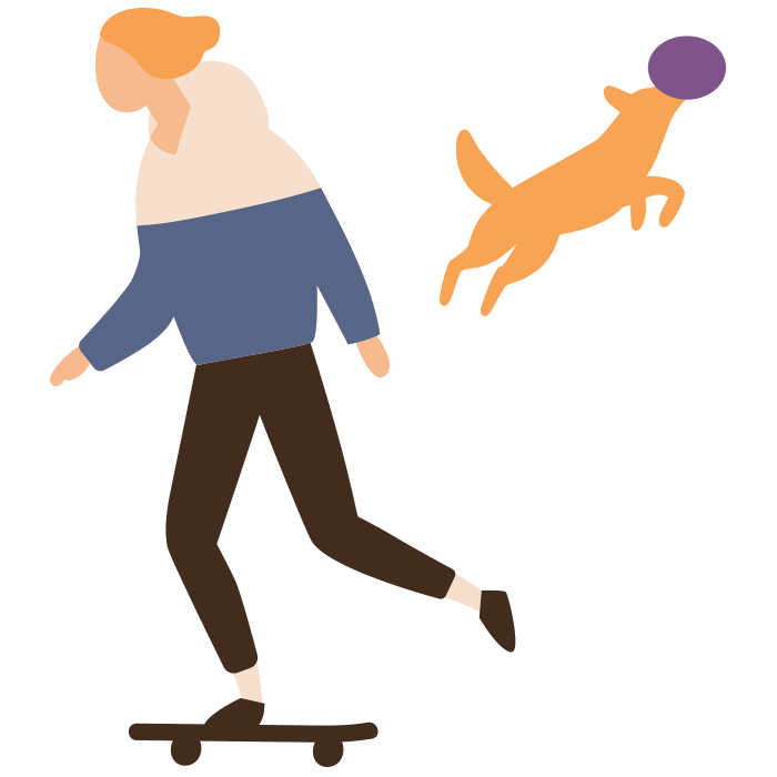 Illustration of person on skateboard and dog catching a frisbee
