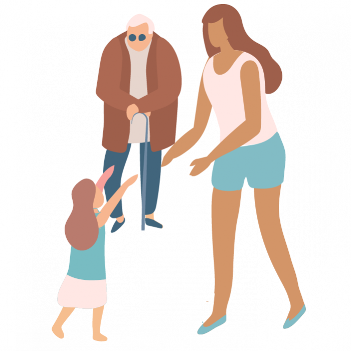 Illustration of a young girl, woman, and elderly man with a walking stick