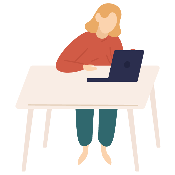 Illustration of woman sat at table, looking at laptop