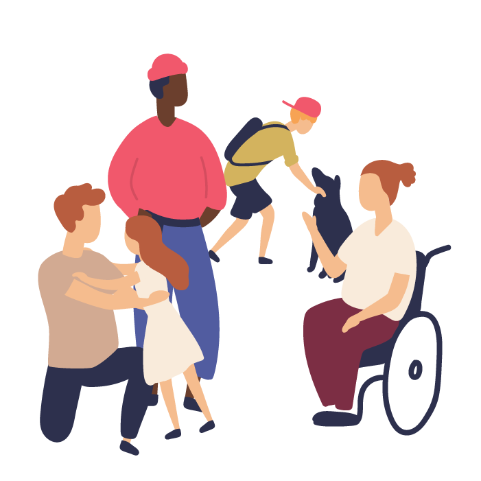 Illustration of a group of people including- a father holding his daughter, a man standing, a boy and his black dog, and a woman in a wheelchair