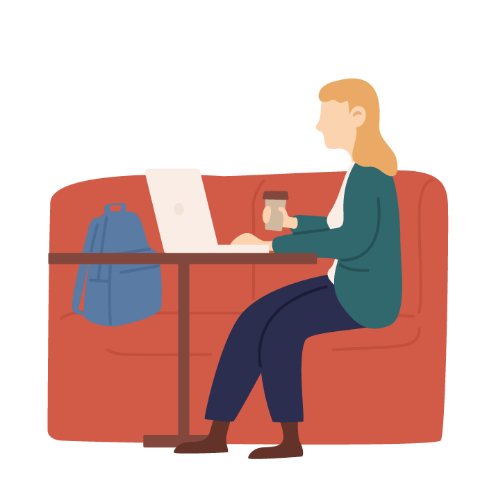 Illustration of woman sat on sofa, holding coffee cup and reading from laptop