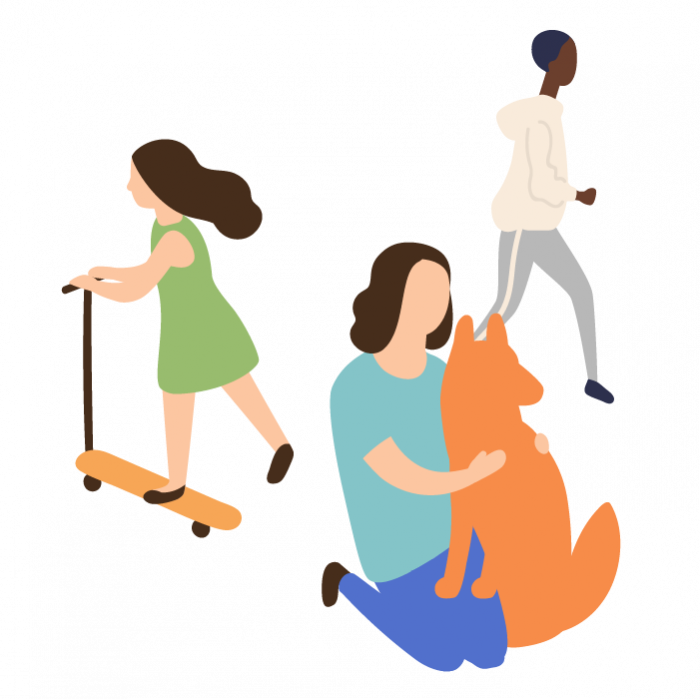 Illustration of a group of people including- girl on scooter, woman with dog, person running