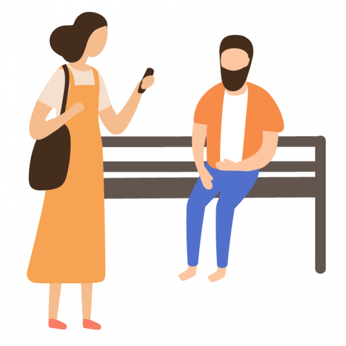 Illustration of man sat on bench, women walking past looking at her phone