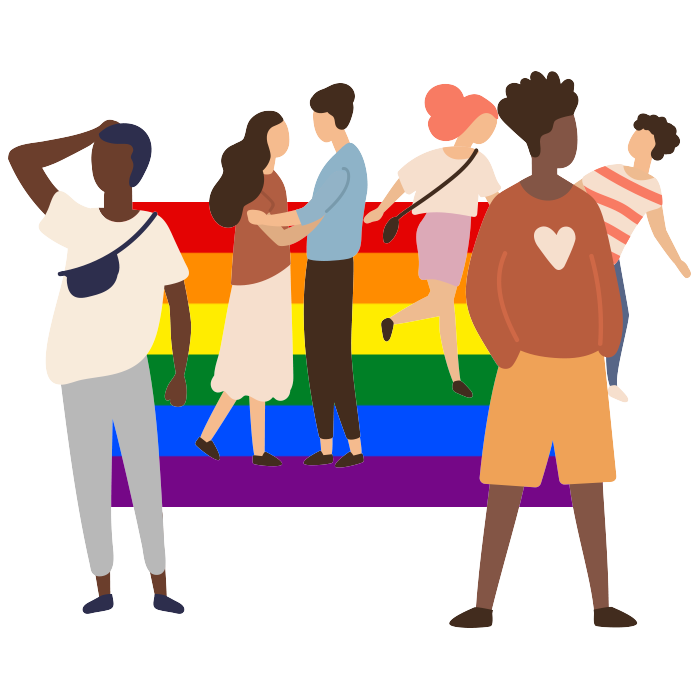 Illustration of a group of people with rainbow flag in the background